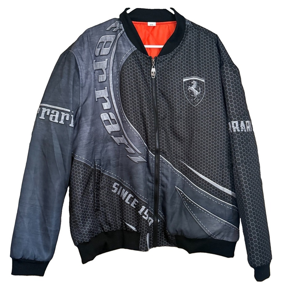 Mens XL Car Racing Bomber Jacket  AOP Grey Black Honeycomb Graphic Streetwear